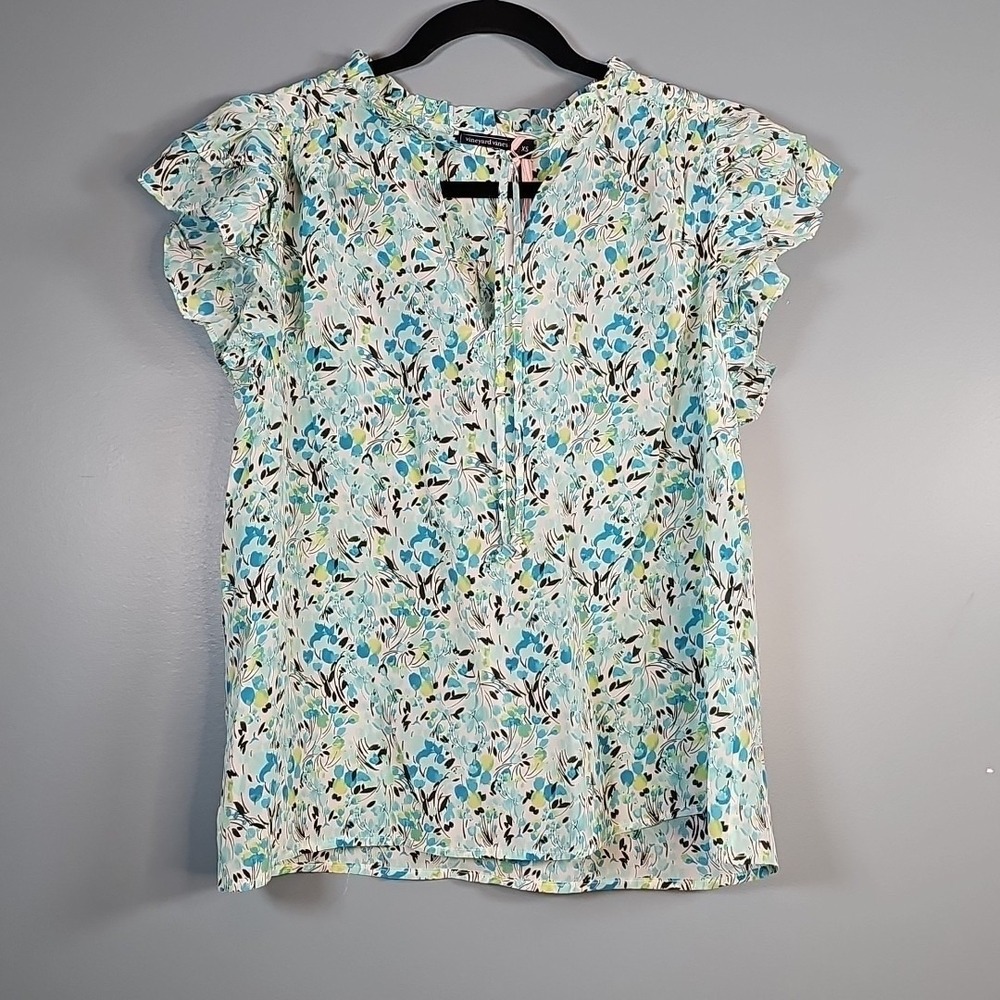 NWT Vineyard Vines Double Ruffle Sleeve Top Blue Floral Painted Tulips White XS